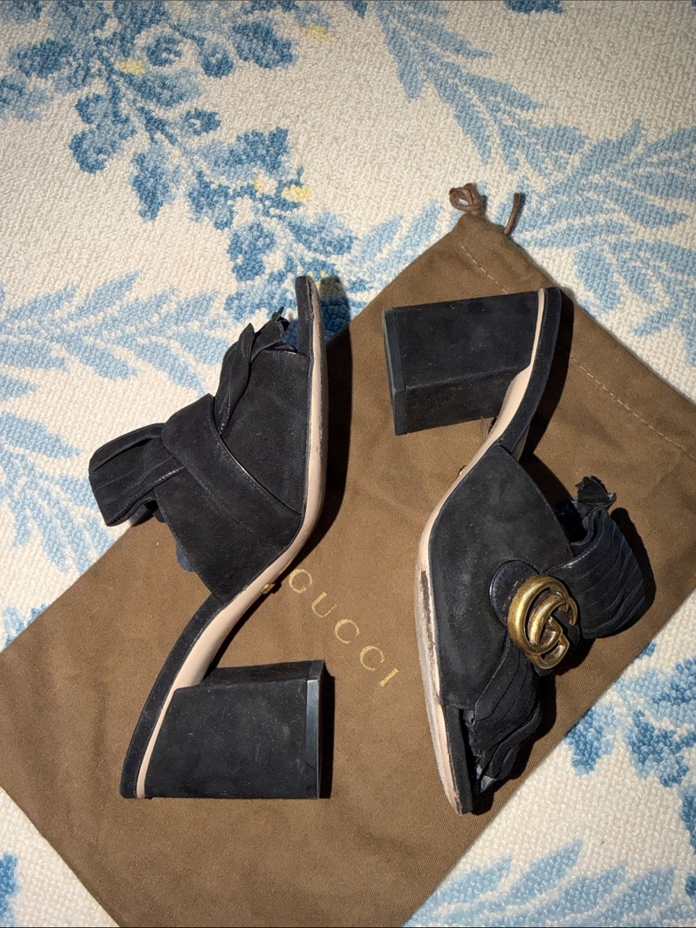 Gucci Black Suede GG Marmont Fringe Mules Block Heel Sandals 38 - Picture 7 of 10
